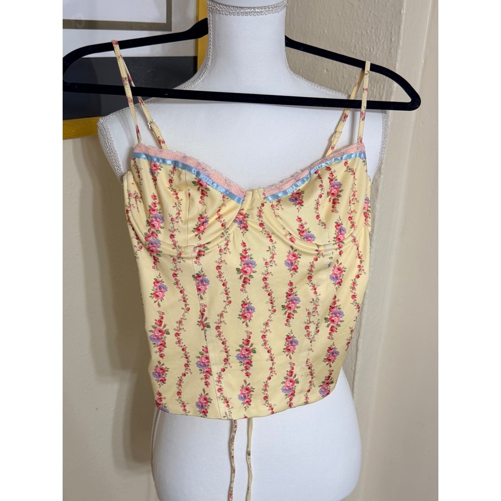 Edikted Yellow Floral Corset Top Lace Up Back Underwire Cottagecore Small